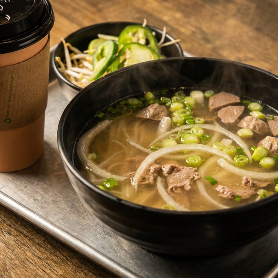 Steaming bowl of pho with beef, onions, and scallions, alongside a coffee and side of sprouts.