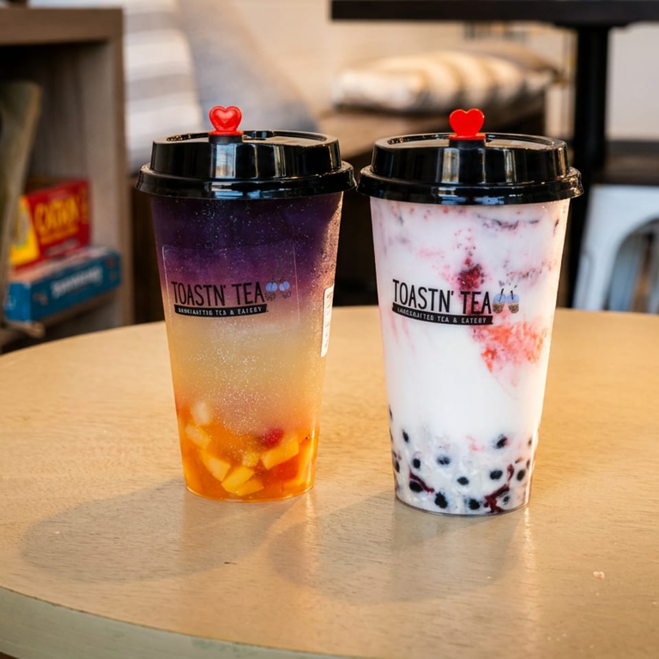 Two Toastn Tea bubble tea drinks, one purple and orange, one white and red, on a wooden table.