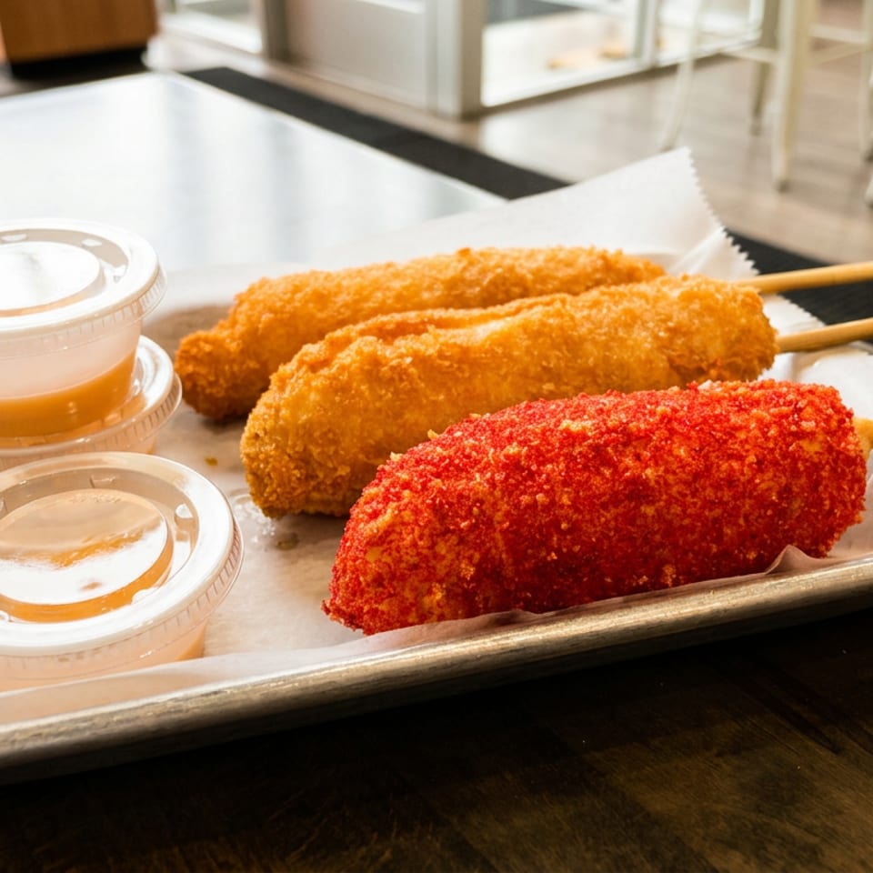 Three Korean corn dogs, one red and two golden, with two dipping sauces on a metal tray.