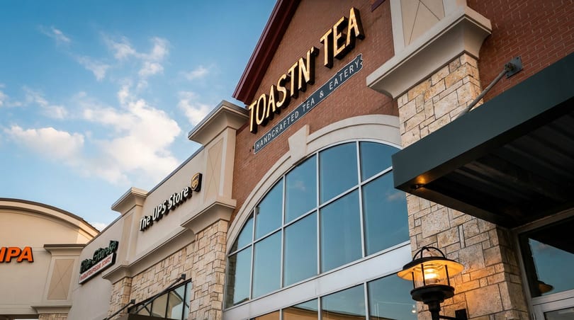 Exterior of Toastn Tea and The UPS Store in a brick and stone building under a blue sky.