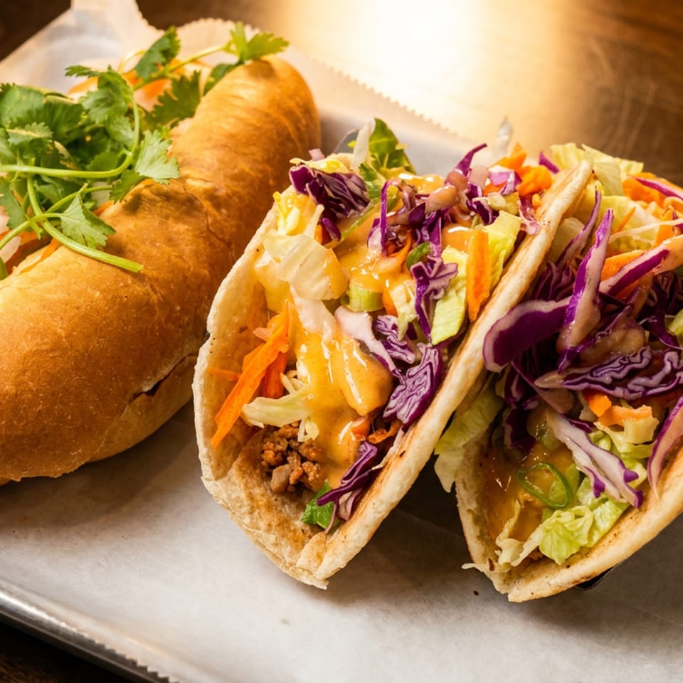 A banh mi sandwich and two tacos with colorful toppings on a metal tray with parchment paper.