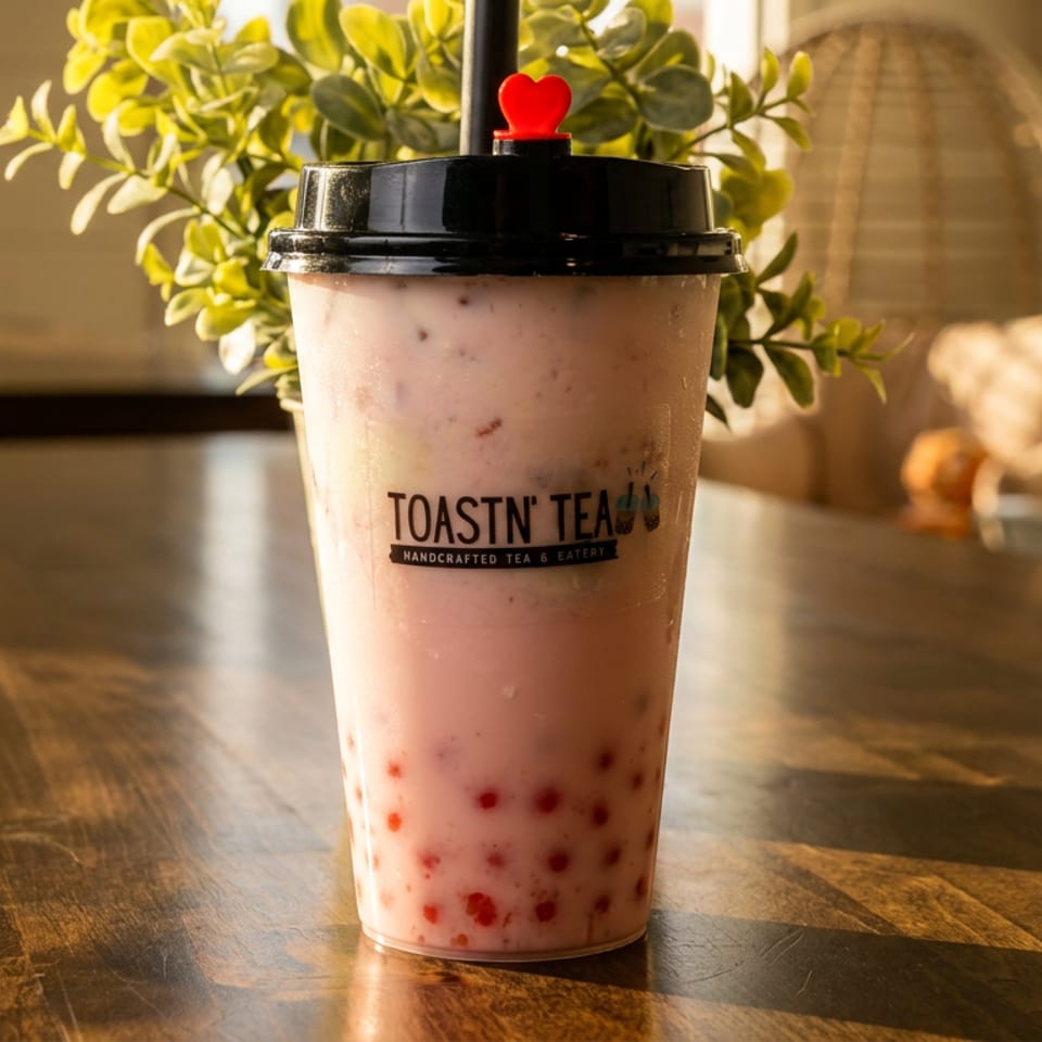 A pink boba drink with red popping pearls from Toastn' Tea sits on a wooden table.
