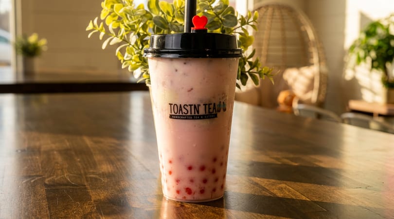 A pink boba drink with red popping pearls from Toastn' Tea sits on a wooden table.