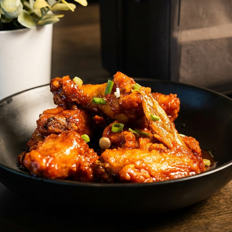 A black bowl filled with saucy chicken wings topped with chopped green onions on a wooden table.
