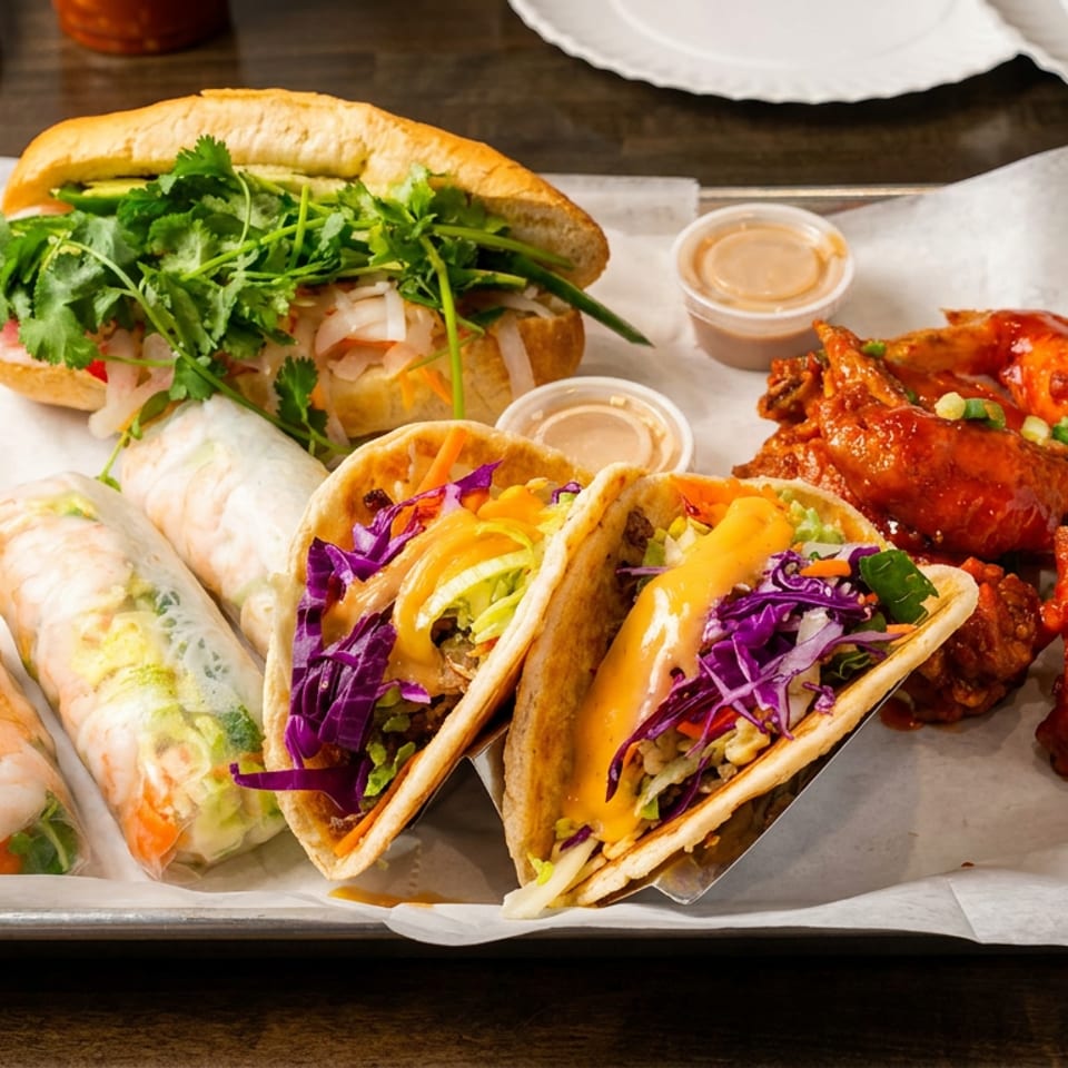 A tray of Vietnamese and Korean dishes, including a banh mi, spring rolls, tacos, and chicken wings.