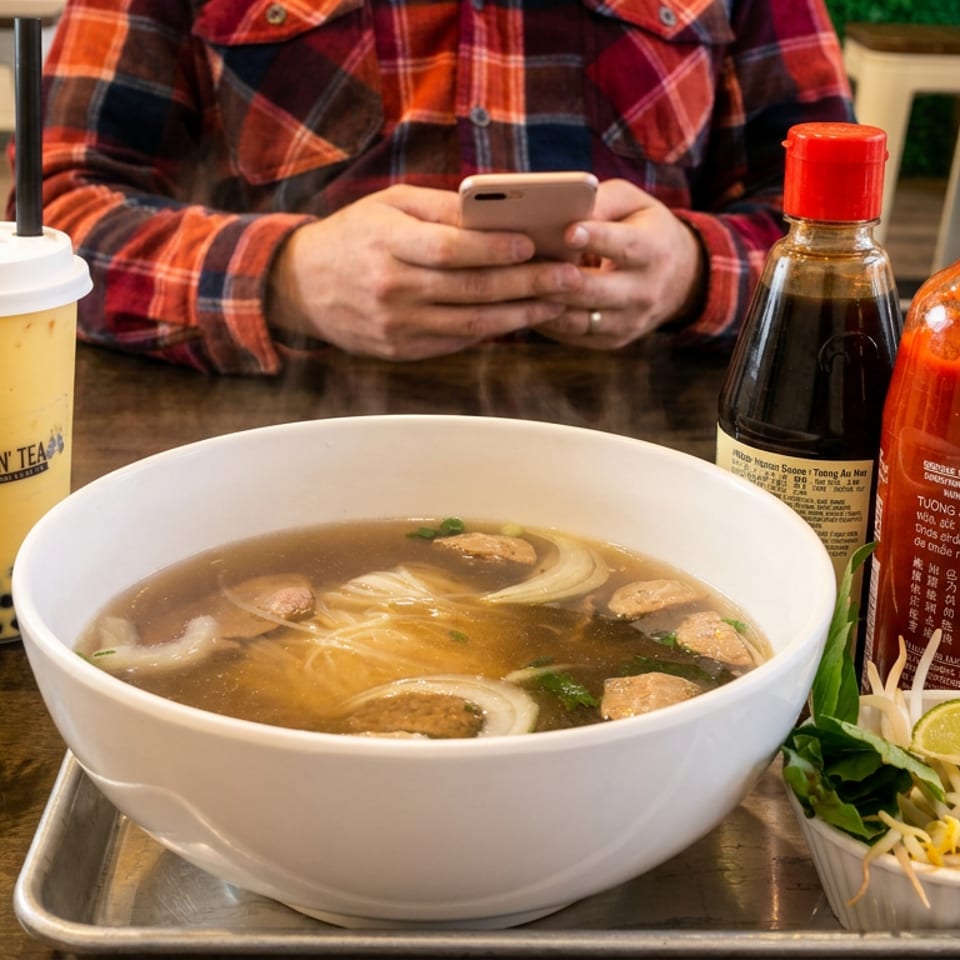 A person uses a phone at a table with a bowl of pho, a bubble tea, and condiments.