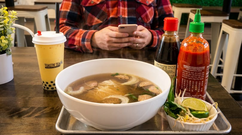 A person uses a phone at a table with a bowl of pho, a bubble tea, and condiments.