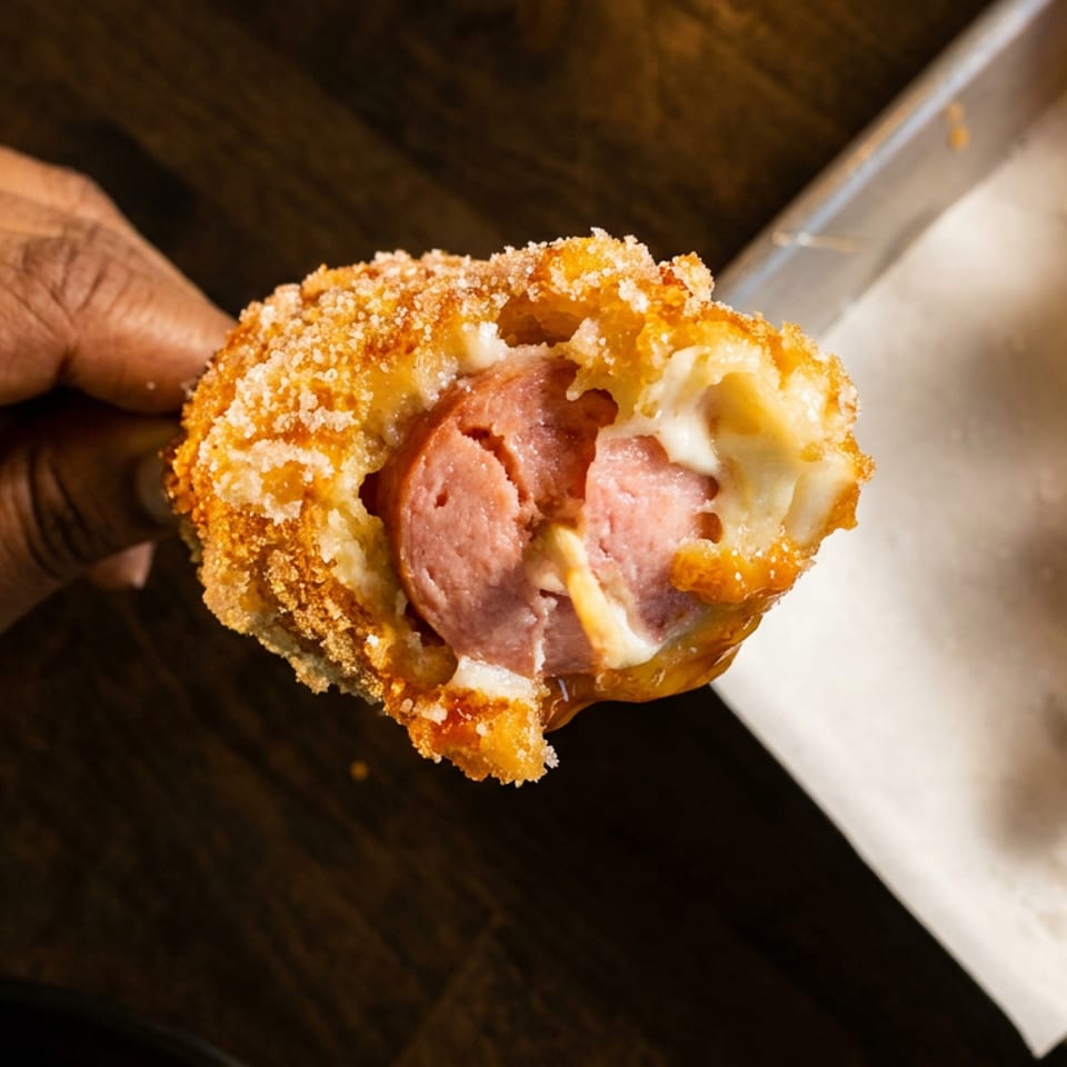Hand holding a golden-brown corn dog, split open to reveal sausage and melted cheese inside.