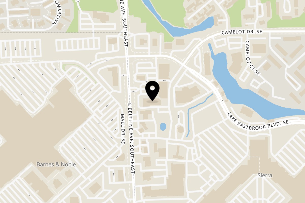 Map showing the location of Toastn' Tea on 2500 E Beltline Ave SE Ste F in Grand Rapids